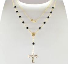 Colar Terço Ouro 18k 750 Com Pedras Ônix 4mm 45cm