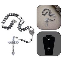 Colar Terço Pescoço Medalha São Bento Hematita Prata Velha 6Mm