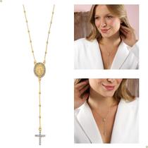 Colar Terço Rosário Feminino Nossa Senhora Das Graças Com Pedras De Zircônia Banhado a Ouro 18k Banho Antialérgico Marca Andréia Branco Acessórios