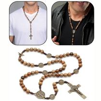 Colar terço são bento cordão madeira cruz medalha ouro velho