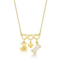 Colar três corações vazados com pingente cachorro, coração e osso