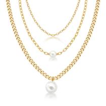 Colar três voltas com elos lisos e pérolas banhado a ouro Colar três voltas com elos lisos e pérolas banhado a ouro