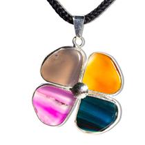 Colar Trevo 4 Folhas Pedra Agata Mista Natural Prateado