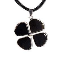 Colar Trevo 4 Folhas Pedra Obsidiana Negra Natural Prateado