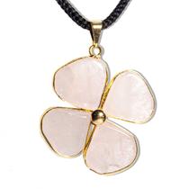 Colar Trevo da Sorte 4 Folhas Quartzo Rosa Pingente Dourado