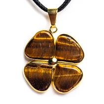 Colar Trevo da Sorte 4 Olho de Tigre Pedra Natural Dourado