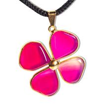 Colar Trevo da Sorte Agata Rosa Pedra Natural Dourado