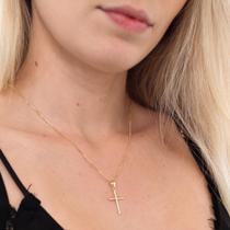 Colar Veneziana 45cm + Pingente Crucifixo Pequeno Liso Banhado a Ouro 18k