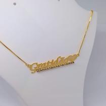 Colar Veniziana Feminino com Pingente Frase Gratidão Pedras Zircônias Folheado a Ouro 18K
