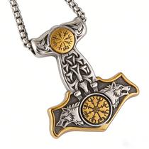 Colar Viking Thor's Hammer com pingente duplo de cabeças de lobo
