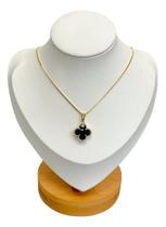 Colar Virginia Trevo Pedra Cristal Preta Banhado Ouro 18k