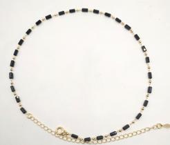 Colar Zircônias Pretas Retangulares Intercaladas com Bolas Banhado em Ouro 18K