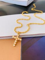 Colares Semi Joia religioso pingente de cruz com pérolas