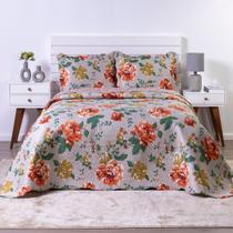 Colcha Bouti Casal Dupla Face Estampada com Porta Travesseiro 3 Peças Peonia