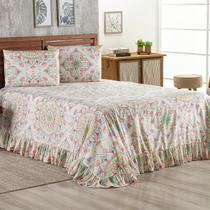 Colcha Casal 400 Fios Estampada Com Babado 03 Peças Toque Macio Laila Mandala Colorido