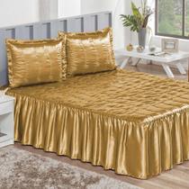 Colcha Casal Cetim Chamousse Cobre Leito de Cetim Dourado 3 Peças