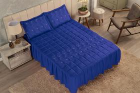 Colcha Casal Com Babado Cobre Leito Padrão Bordada MATELASSE 03 Peças - Toque Macio- DIVA AZUL