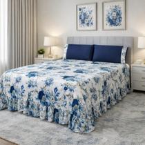 Colcha Casal Queen Floral com Babado 3 Peças 2 Porta Travesseiros Cobre Leito Conforto e Estilo Micropercal 400 Fios