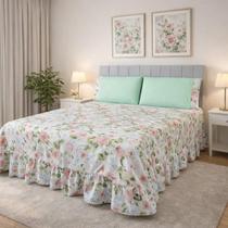 Colcha Casal Queen Floral com Babado 3 Peças 2 Porta Travesseiros Cobre Leito Conforto e Estilo Micropercal 400 Fios