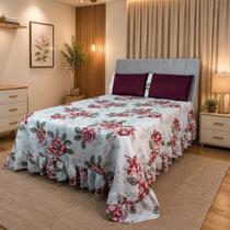 Colcha Casal Queen Floral com Babado 3 Peças 2 Porta Travesseiros Cobre Leito Conforto e Estilo Micropercal 400 Fios