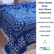 Colcha Chenille Bruna Azul com Branco Jolitex 2,20x2,40m com Franjas Elegante, Macia, Não Solta Pelo, Antialérgica