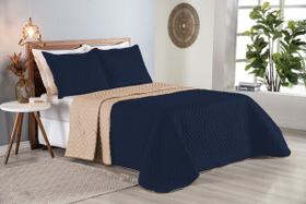 Colcha Cobre Leito Cama King 3 pç Dupla Face Acolchoado Microfibra Azul Marinho e Bege