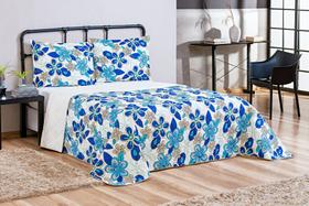 Colcha Cobre Leito Casal Padrão Pérola 3 Peças Estampado Floral Azul e Palha dupla face