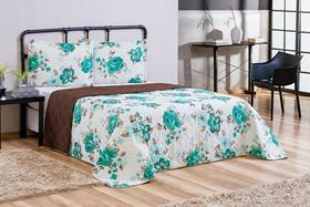 Colcha Cobre Leito Casal Padrão Pérola 3 Peças Estampado Floral Verde e Marrom dupla face