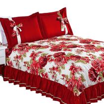 Colcha Cobre Leito Isabela Queen Babado 3Pçs Floral Vermelho