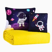 Colcha Cobre Leito Jogo Cama Solteiro 5 Pçs Matelado Sleep Quarto Menino Astronauta Amarelo Simples