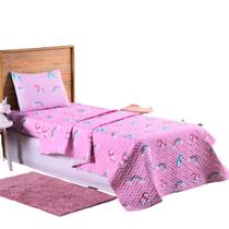 Colcha Cobre Leito Jogo Roupa Cama Box Infantil Solteiro 2 Pçs Matelado Quarto Criança Menina Unicornio Rosa