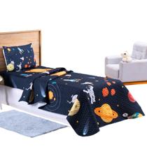 Colcha Cobre Leito Jogo Roupa Cama Box Solteiro 2 Pçs Matelado Fronha Quarto Menino Astronauta Marinho