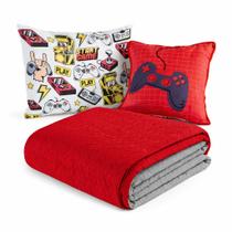 Colcha Cobre Leito Jogo Roupa Cama Infantil 5 Pçs Edredom Matelado Quarto Menino Video Game Vermelho