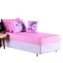 Colcha Cobre Leito Jogo Roupa Cama Infantil 5 Pçs Solteiro Matelado Com Elastico Na Volta Quarto Menina Unicornio Rosa