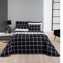 Colcha com jogo de lençol Queen 7 pças Cobre Leito Micropercal 200 Fios Dupla Face Austin - Preto e Branco