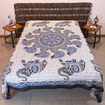 Colcha Indiana Mandala Elefantes 100% Algodão ul & Branco