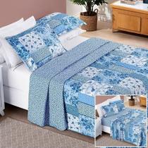 Colcha + Jogo De Cama Bouti Estampado Casal 07 Peças 100% Poliéster - Azul Sereno