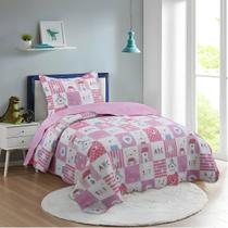 Colcha Patchwork Teen - Solteiro - Dupla Face - C/ Porta Travesseiro - Coelhinho Rosa - Rozac
