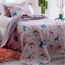 Colcha Patchwork Teen - Solteiro - Dupla Face - C/ Porta Travesseiro - Lhamas - Rozac