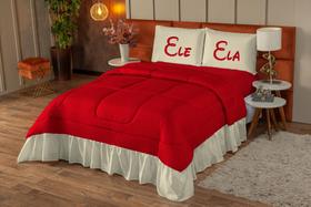 Colcha Queen 3 Peças Com Badado Estampado Ele E Ela Vermelho E Palha
