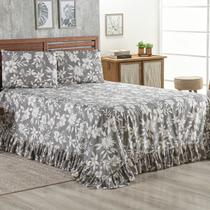 Colcha Queen 400 Fios Estampada Com Babado 03 Peças Toque Macio Laila Floral Cinza