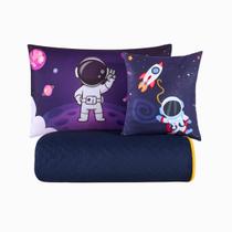 Colcha Roupa De Cama Solteiro 5 Pçs Matelado Quarto Menino Foguete Astronauta Macio Luxo Marinho
