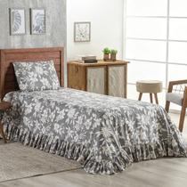 Colcha Solteiro 400 Fios Estampada Com Babado 02 Peças Toque Macio Laila Floral Cinza
