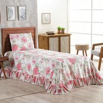 Colcha Solteiro 400 Fios Estampada Com Babado 02 Peças Toque Macio Laila Floral Rosa