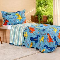 Colcha Solteiro Kids Infantil Dupla Face Estampada Divertido COR:DINOSSAURO ALEGRE
