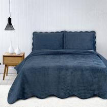 Colcha Velvet Veludo Queen Size Porta Travesseiros Marinho