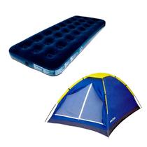 Colchão De Ar Inflável Solteiro Multiuso Suporta 150 Kg + Barraca Iglu 3 Pessoas Coluna Dágua 300mm