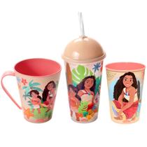 Coleção 3 em 1 Moana Caneca com 2 Copos estampados para Suco Café Leite Original