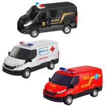Coleção 3 Vans de Brinquedo Policia Resgate E Ambulância Realistas