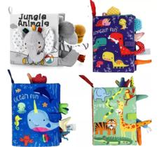 Coleção 4 Livros Bebê Brinquedo Educativo Incentiva Sensorial Color Desenho Dinossauros Safari Oceano e Elefante